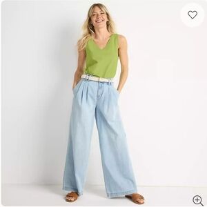 Lands End Women's Tall Lightweight Denim Mid Rise Pleated Slouchy Jeans 18 TALL